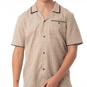 Men's Soul Star England Short Sleeve Button Down Shirt Ecru Black Trim Large